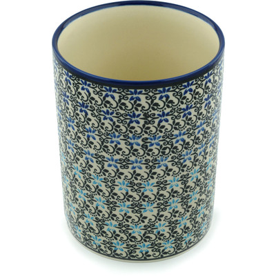 Polish Pottery Utensil Jar 7&quot; Black And Blue Lace