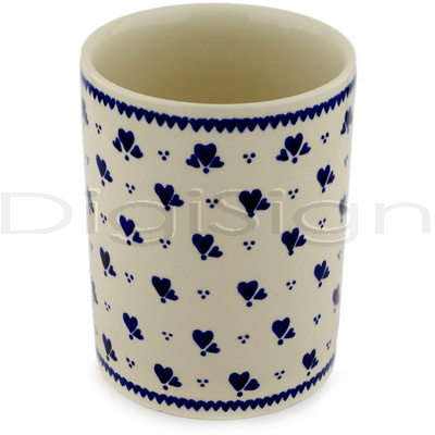 Polish Pottery Utensil Jar 7&quot; Blue Heart Trio