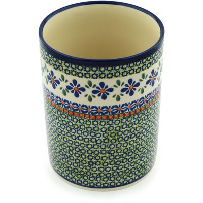 Polish Pottery Utensil Jar 7&quot; Gingham Flowers
