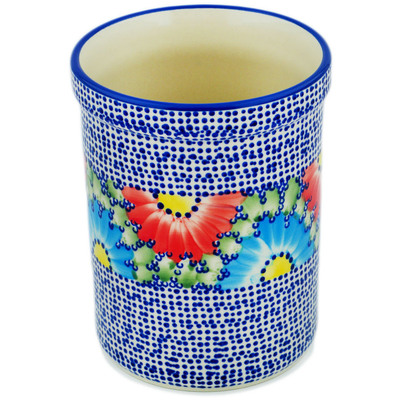 Polish Pottery Utensil Jar 7&quot; Spotted Garden UNIKAT