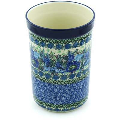 Polish Pottery Utensil Jar 8&quot; Blue Meadow UNIKAT