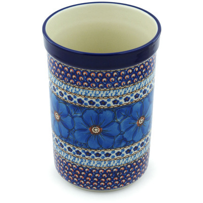 Polish Pottery Utensil Jar 8&quot; Blue Poppies UNIKAT