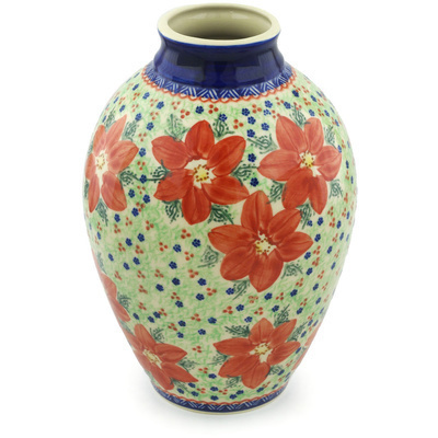 Polish Pottery Vase 10&quot; Poinsettia UNIKAT