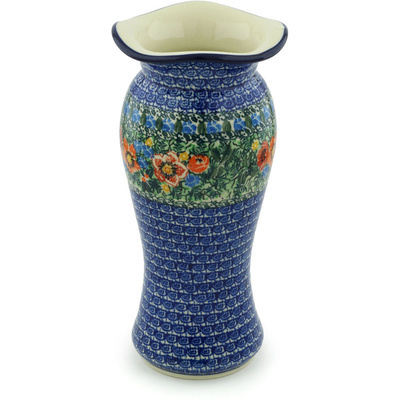 Polish Pottery Vase 11&quot; Blue Daisy Bouquet UNIKAT