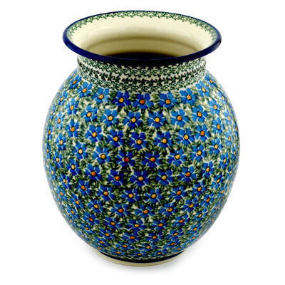 Polish Pottery Vase 11&quot; Blue Daisy Dream UNIKAT