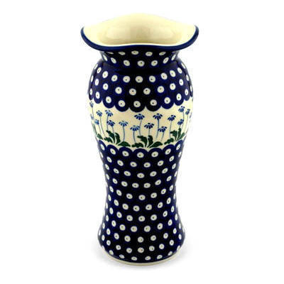 Polish Pottery Vase 11&quot; Blue Daisy Peacock