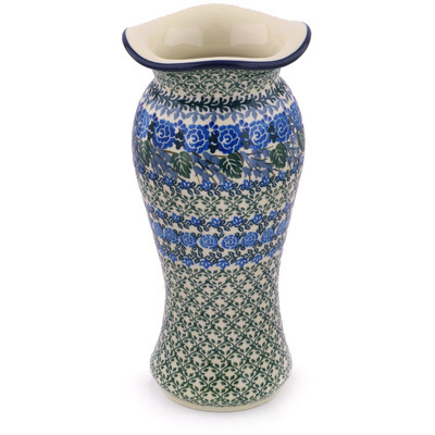 Polish Pottery Vase 11&quot; Blue Rose Trellis UNIKAT