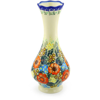 Polish Pottery Vase 11&quot; Bold Red Poppies UNIKAT