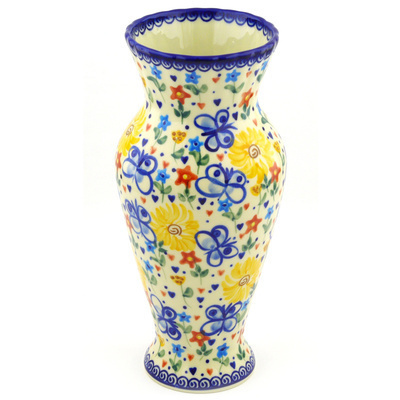 Polish Pottery Vase 11&quot; Butterfly Sunshine UNIKAT