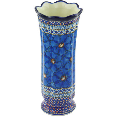 Polish Pottery Vase 11&quot; Cobalt Poppies UNIKAT