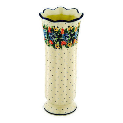 Polish Pottery Vase 11&quot; Dotted Floral Wreath UNIKAT