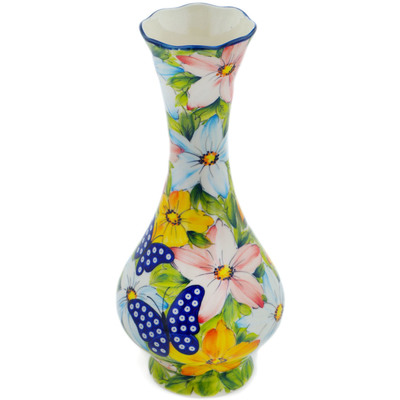 Polish Pottery Vase 11&quot; Floral Peacock Butterfly