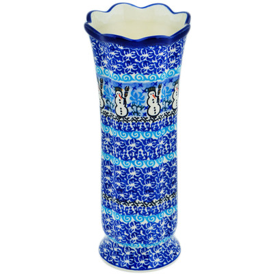 Polish Pottery Vase 11&quot; Snowmen Circle UNIKAT
