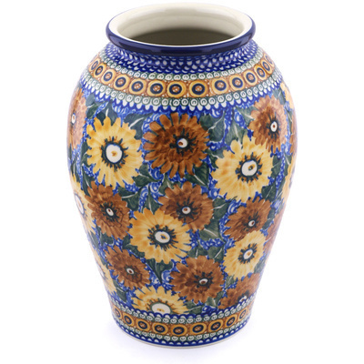 Polish Pottery Vase 12&quot; Autumn Chrysanthemums UNIKAT