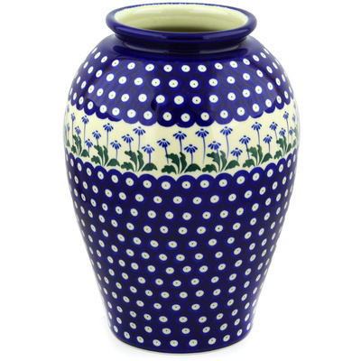 Polish Pottery Vase 12&quot; Blue Daisy Peacock