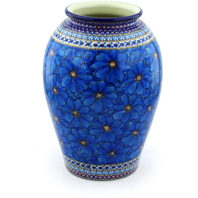 Polish Pottery Vase 12&quot; Blue Poppies UNIKAT