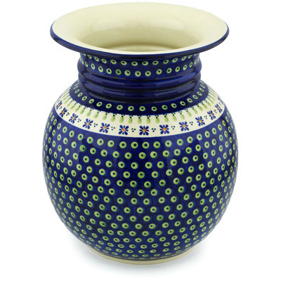 Polish Pottery Vase 12&quot; Green Gingham Peacock