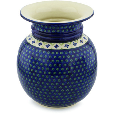 Polish Pottery Vase 12&quot; Green Gingham Peacock