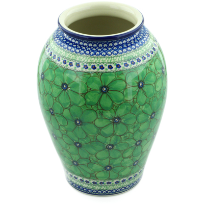Polish Pottery Vase 12&quot; Green Pansies UNIKAT