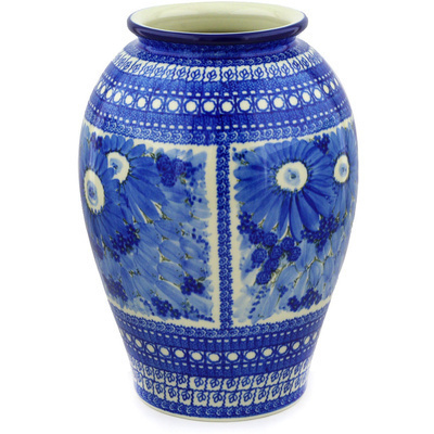 Polish Pottery Vase 12&quot; Mardi Gras Daisy UNIKAT