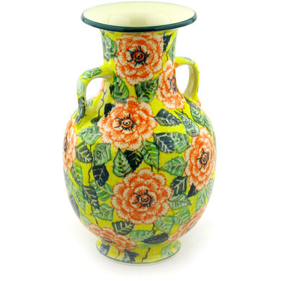 Polish Pottery Vase 12&quot; Orange Peonies UNIKAT