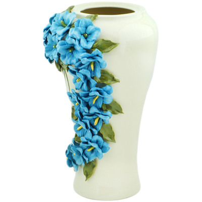 Polish Pottery Vase 15&quot; Blue Wave Of Flowers