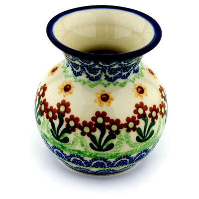 Polish Pottery Vase 4&quot; Brown Daisy Dance
