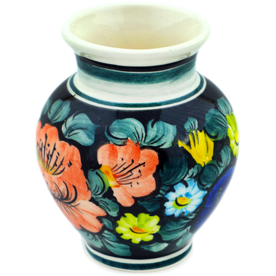 faience Vase 4&quot; Little Flower Patch Black UNIKAT