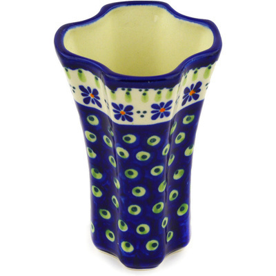 Polish Pottery Vase 5" Green Gingham Peacock
