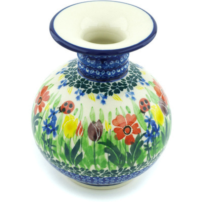 Polish Pottery Vase 5&quot; Lady Bug Tulips UNIKAT