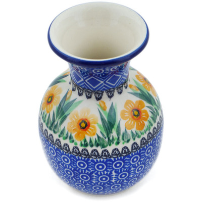 Polish Pottery Vase 5&quot; Yellow Daffodil Field UNIKAT