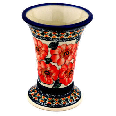 Polish Pottery Vase 6&quot; Peach Poppies UNIKAT