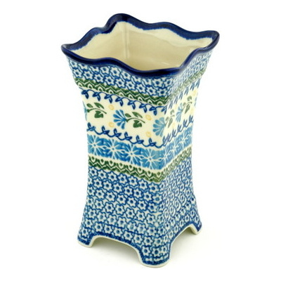 Polish Pottery Vase 7&quot; Blue Fan Flowers