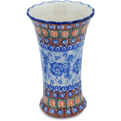 Polish Pottery Vase 7&quot; Dancing Blue Poppies UNIKAT