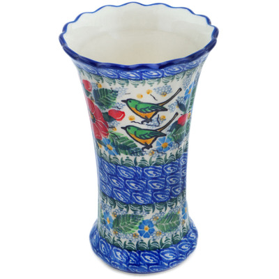 Polish Pottery Vase 7&quot; Green Bird Meadow UNIKAT