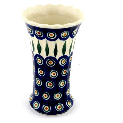 Polish Pottery Vase 7&quot; Peacock Leaves