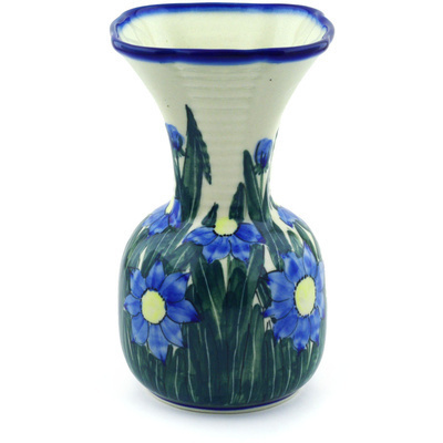 Polish Pottery Vase 8&quot; Blue Coneflower UNIKAT