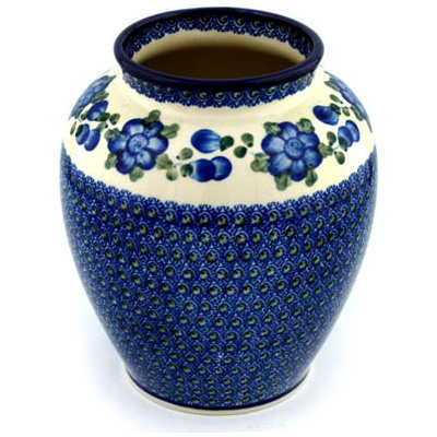 Polish Pottery Vase 8&quot; Blue Poppies