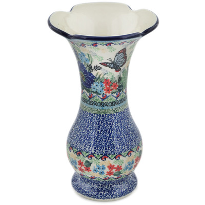 Polish Pottery Vase 9&quot; Blue Monarch Meadow UNIKAT