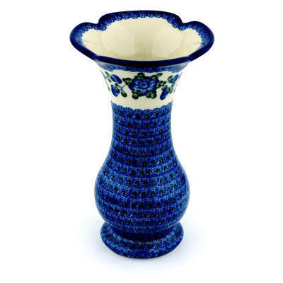 Polish Pottery Vase 9&quot; Blue Poppies