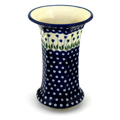 Polish Pottery Vase 9&quot; Blue Tulip Peacock