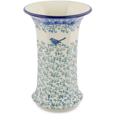 Polish Pottery Vase 9&quot; Blue Warbler