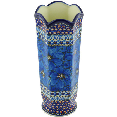 Polish Pottery Vase 9&quot; Cobalt Poppies UNIKAT