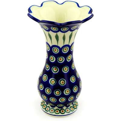 Polish Pottery Vase 9&quot; Peacock Leaves