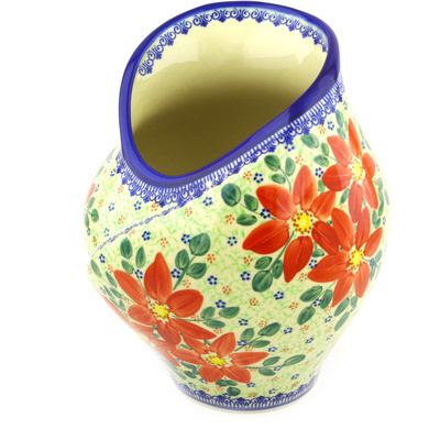 Polish Pottery Vase 9&quot; Snow Coral Zinnias UNIKAT