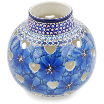 Polish Pottery Votive Candle Holder 7&quot; Cobalt Poppies UNIKAT