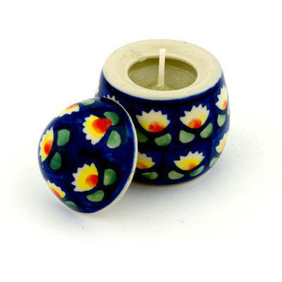 Polish Pottery Votive Candle with Lid 3&quot; Waterlily