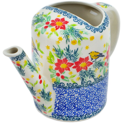 Polish Pottery Watering Can 17 oz Festive Avian Delight UNIKAT