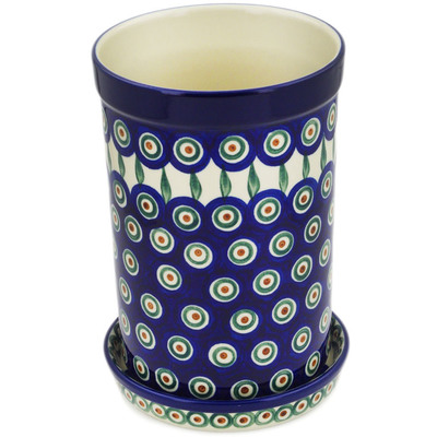 Polish Pottery Wine Chill with Saucer 8&quot; Peacock Leaves