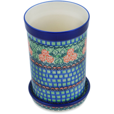 Polish Pottery Wine Chill with Saucer 8&quot; Red Impatiens UNIKAT